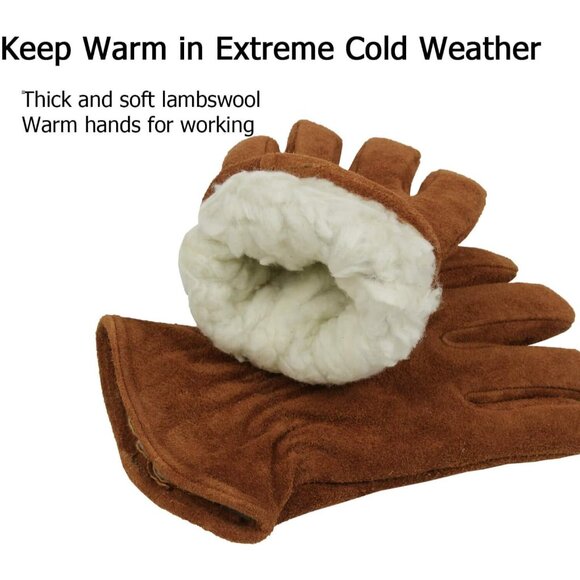 Brown Winter Thermal Leather Work Gloves with Thick Imitation Lambswool Lining - Picture 3 of 9